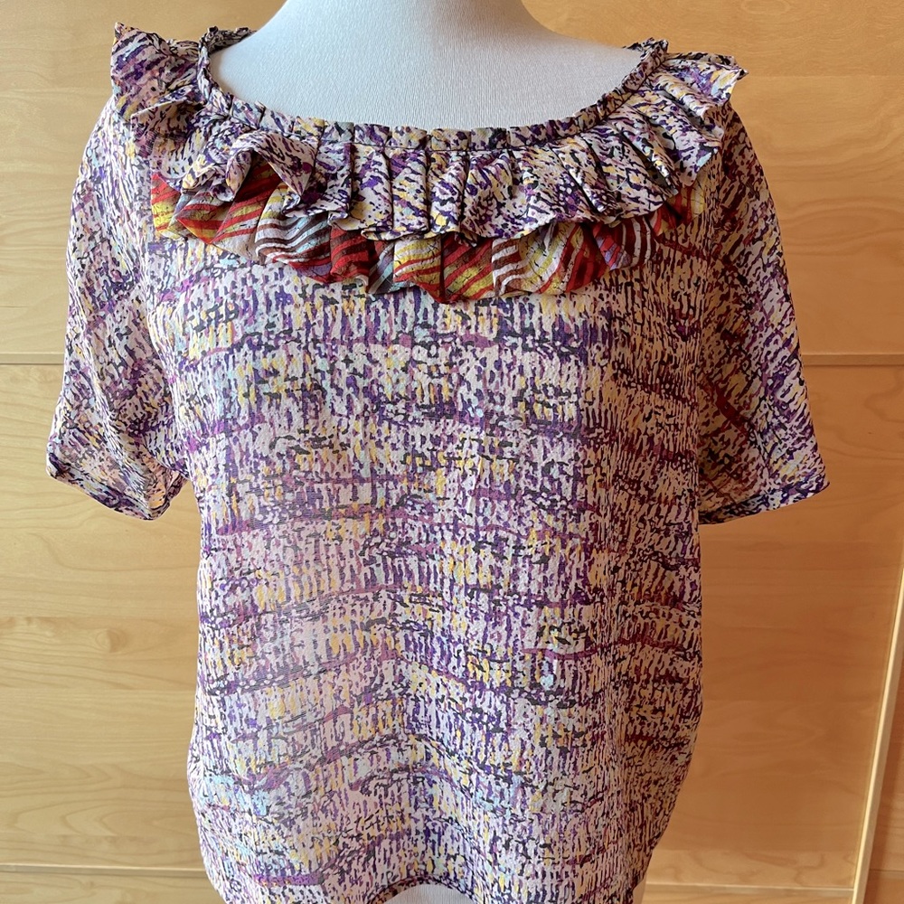 Suno printed sheer silk blouse shirt with ruffled neckline S